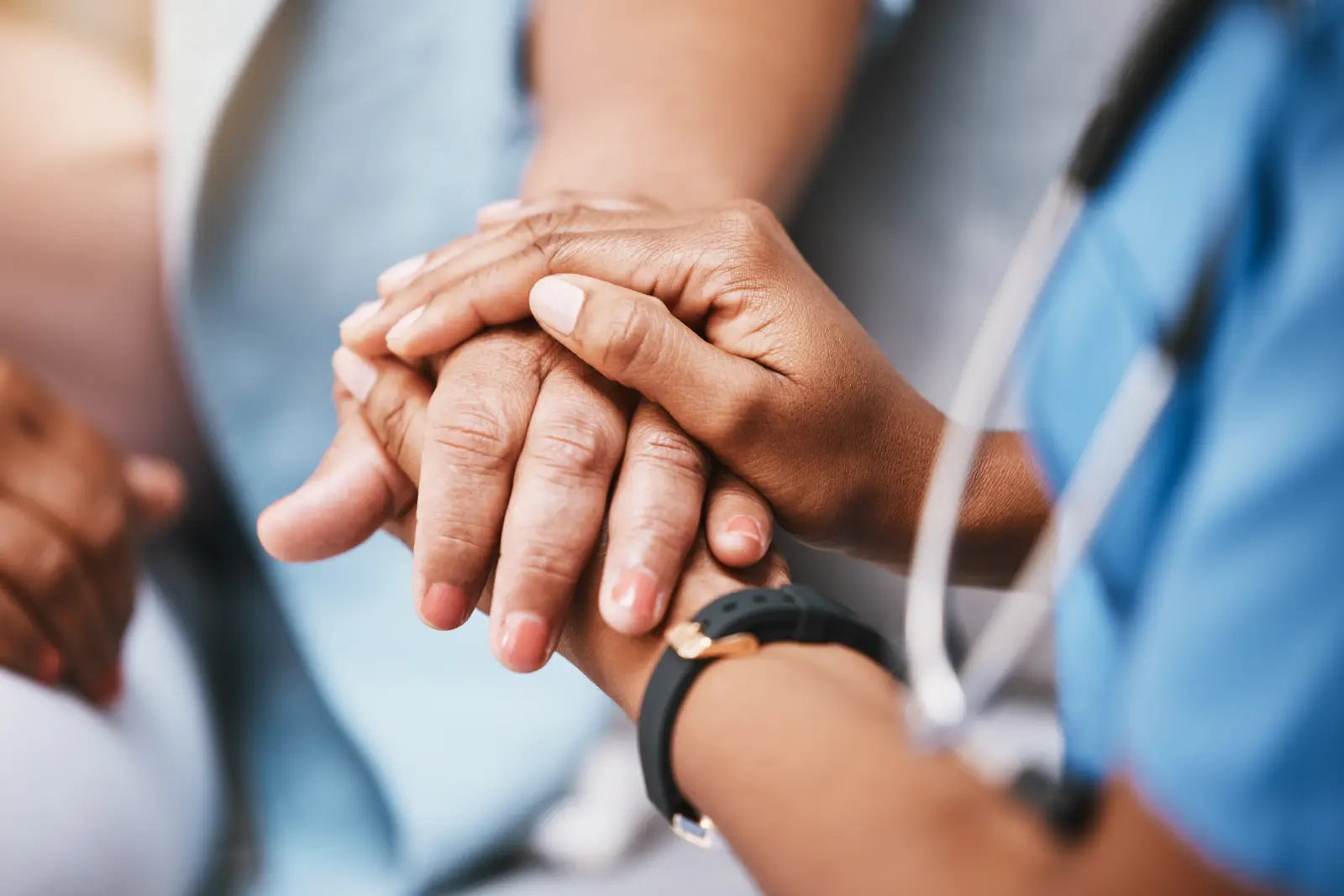 Empathy, trust and nurse holding hands with patient for help, consulting support and healthcare advice. Personalized Surgical Consultations